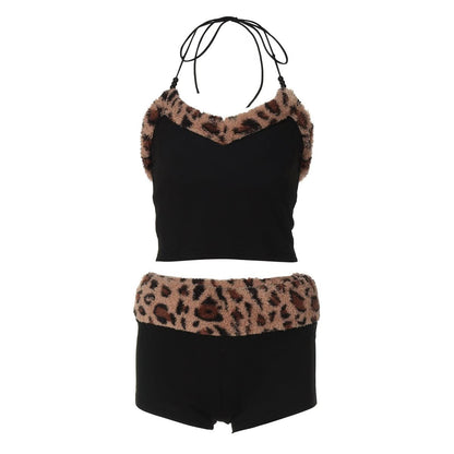 Leopard print halter fluffy beaded short pant set
