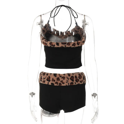 Leopard print halter fluffy beaded short pant set