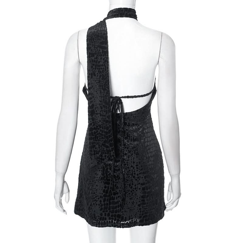 Halter irregular self tie backless mini dress