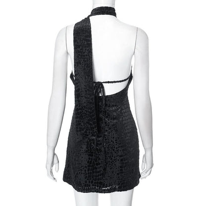 Halter irregular self tie backless mini dress