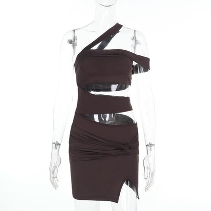 One shoulder irregular hollow out ruched cut out mini dress