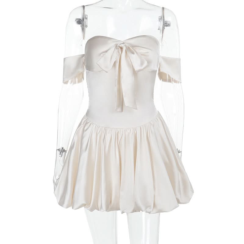 Off shoulder smocked ruched tube mini dress