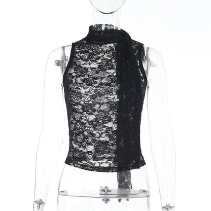 Lace see through crewneck solid crop top