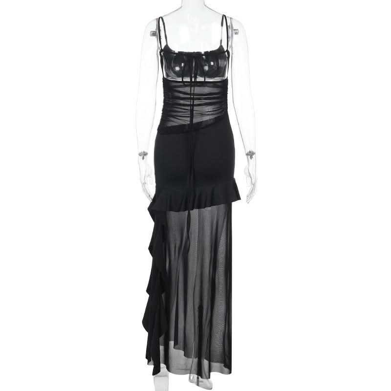 Mesh ruffle slit ruched square neck cami maxi dress