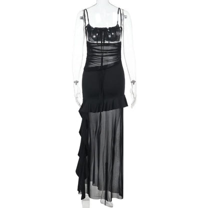 Mesh ruffle slit ruched square neck cami maxi dress