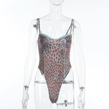 Leopard print lace hem v neck button cami bodysuit