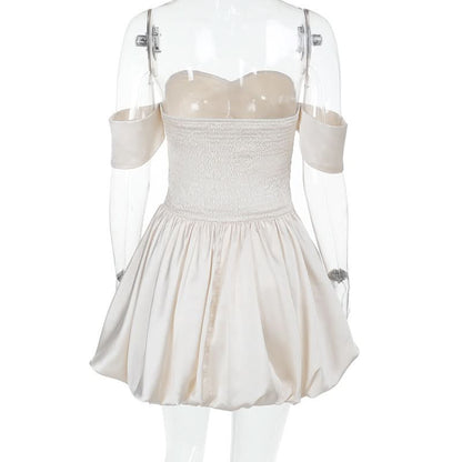 Off shoulder smocked ruched tube mini dress