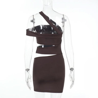 One shoulder irregular hollow out ruched cut out mini dress