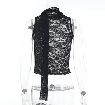 Lace see through crewneck solid crop top