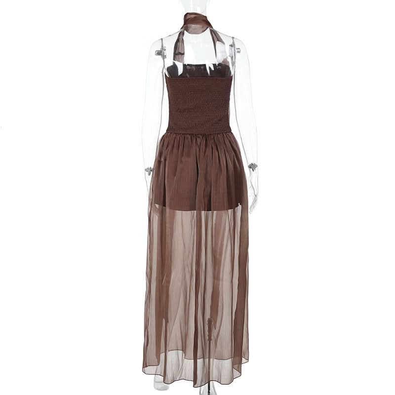 Smocked ruched backless tube maxi dress