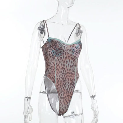 Leopard print lace hem v neck button cami bodysuit