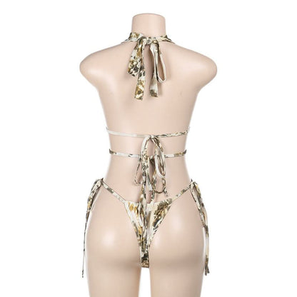 Halter self tie ruched print hollow out bodysuit