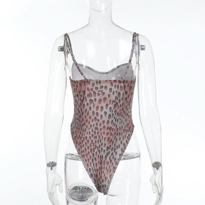 Leopard print lace hem v neck button cami bodysuit