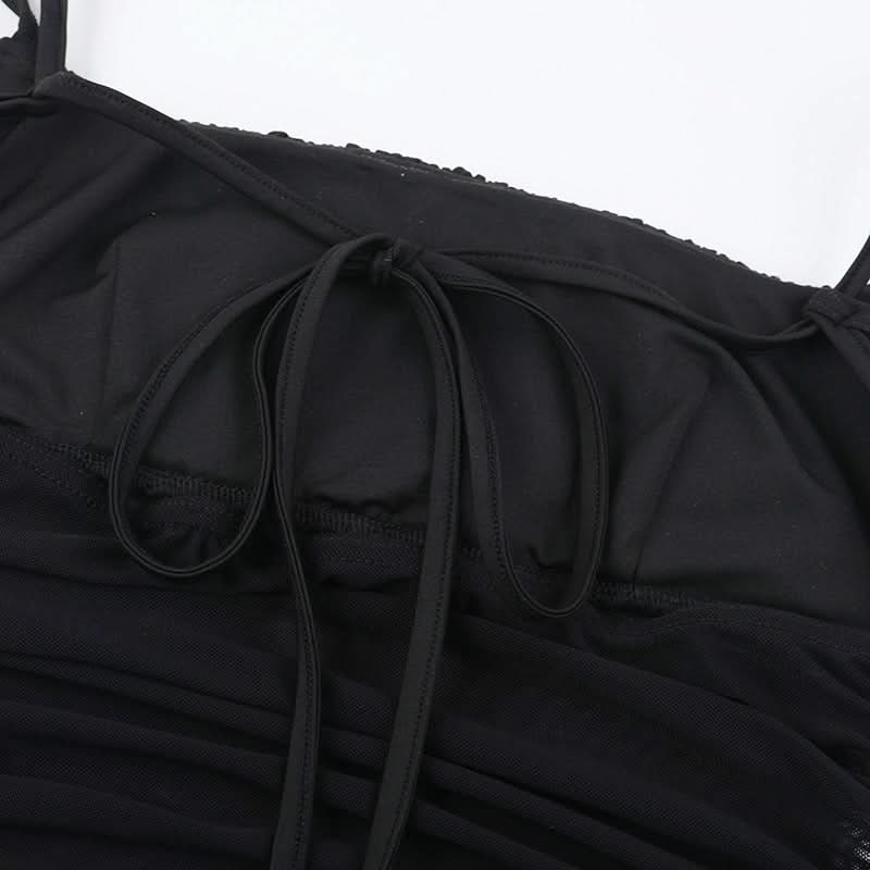 Mesh ruffle slit ruched square neck cami maxi dress