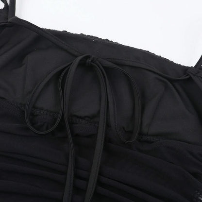 Mesh ruffle slit ruched square neck cami maxi dress