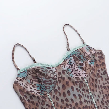 Leopard print lace hem v neck button cami bodysuit