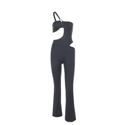 Irregular hollow out one shoulder solid jumpsuit