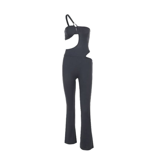 Irregular hollow out one shoulder solid jumpsuit