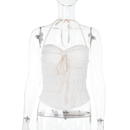 Ruffle halter self tie v neck backless top