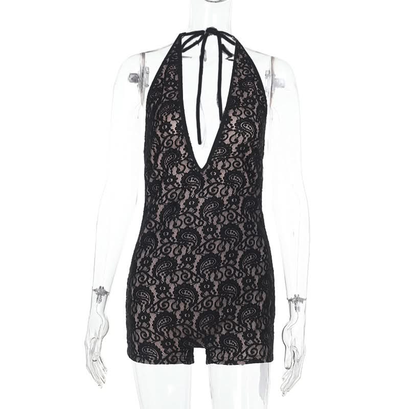 Halter self tie deep V neck lace backless romper