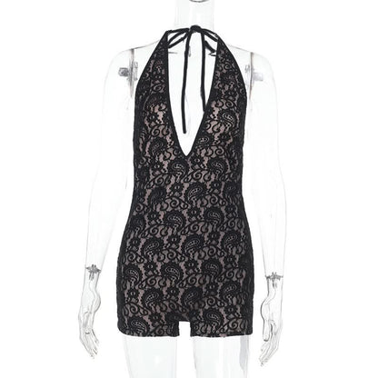 Halter self tie deep V neck lace backless romper