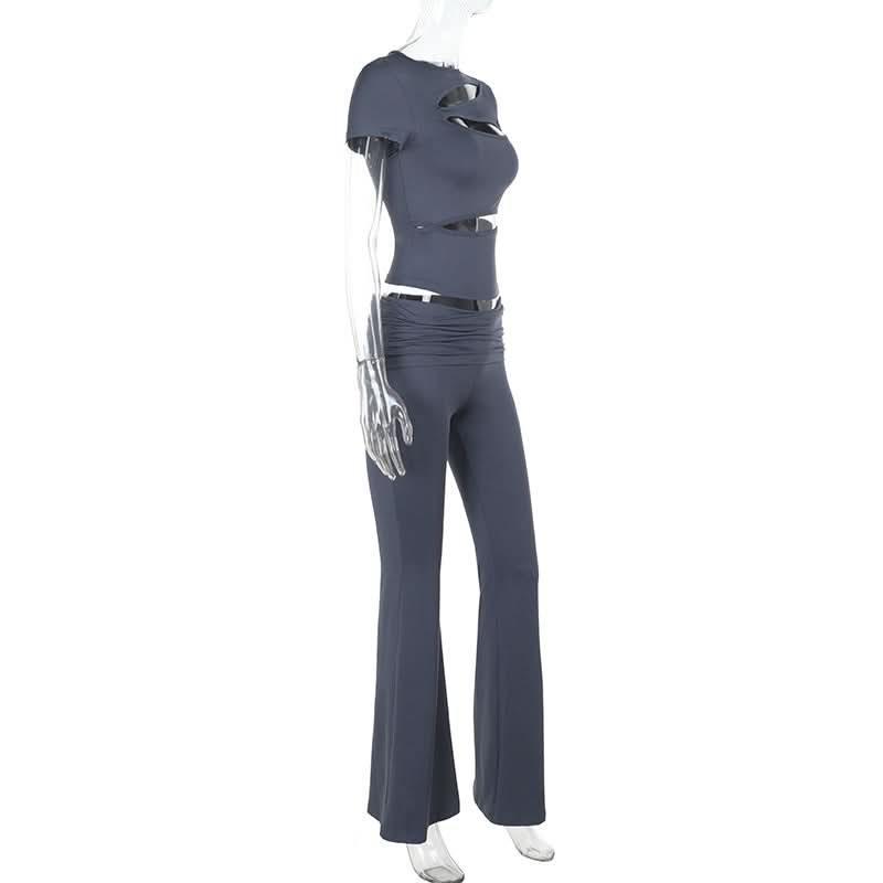 Crewneck short sleeve hollow out ruched pant set