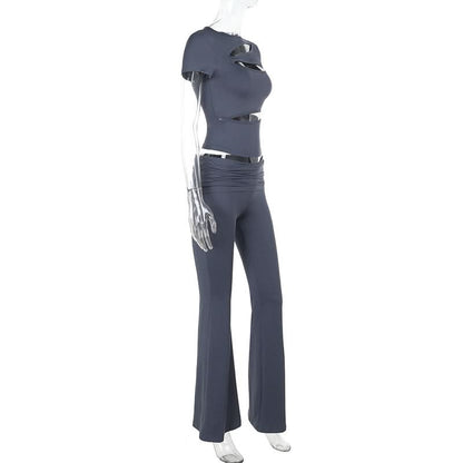 Crewneck short sleeve hollow out ruched pant set