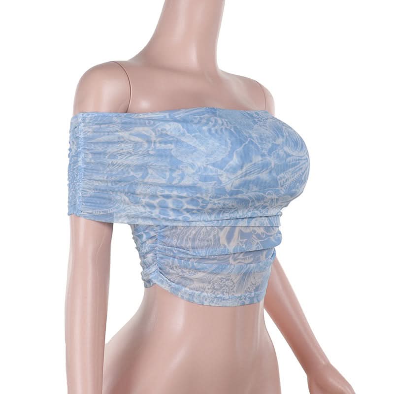 Off shoulder ruched print mesh tube top