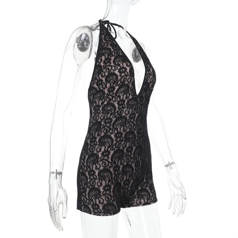 Halter self tie deep V neck lace backless romper