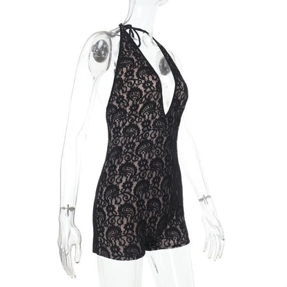 Halter self tie deep V neck lace backless romper
