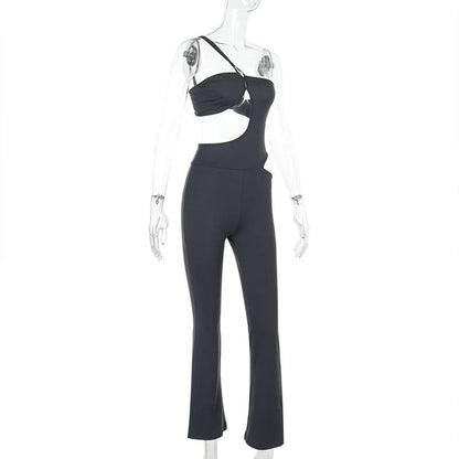 Irregular hollow out one shoulder solid jumpsuit