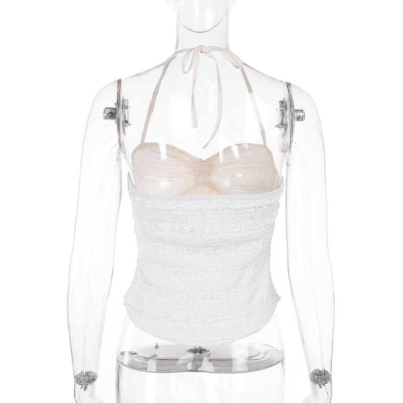 Ruffle halter self tie v neck backless top
