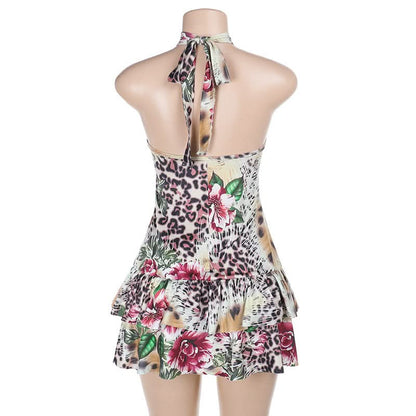 Leopard print hollow out halter self tie cut out mini dress