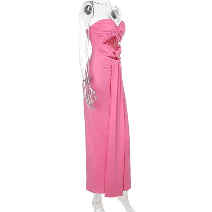 Ruched hollow out slit solid tube cut out maxi dress