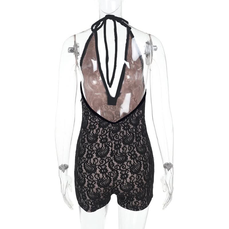 Halter self tie deep V neck lace backless romper