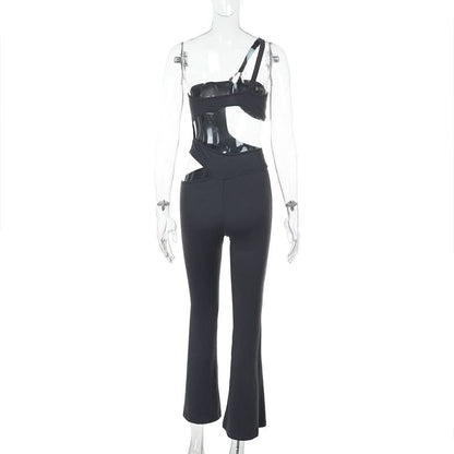 Irregular hollow out one shoulder solid jumpsuit