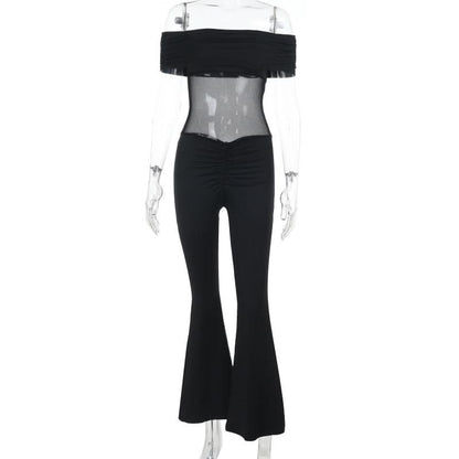 Off shoulder ruched mesh solid jumpsuit