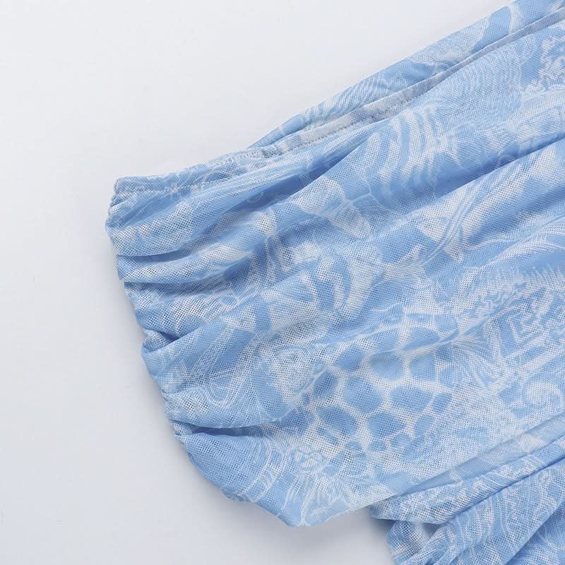 Off shoulder ruched print mesh tube top