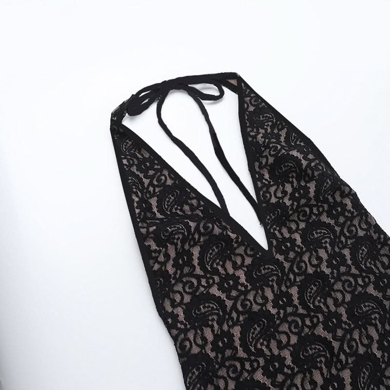 Halter self tie deep V neck lace backless romper