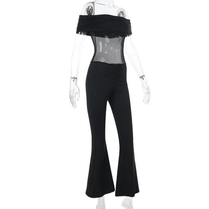 Off shoulder ruched mesh solid jumpsuit
