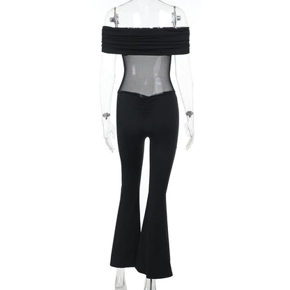 Off shoulder ruched mesh solid jumpsuit