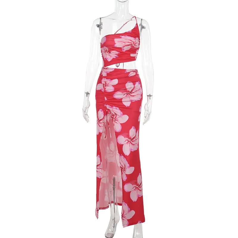 One shoulder ruched slit flower print maxi dress