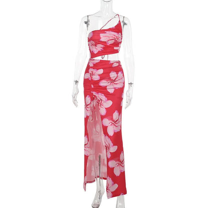 One shoulder ruched slit flower print maxi dress