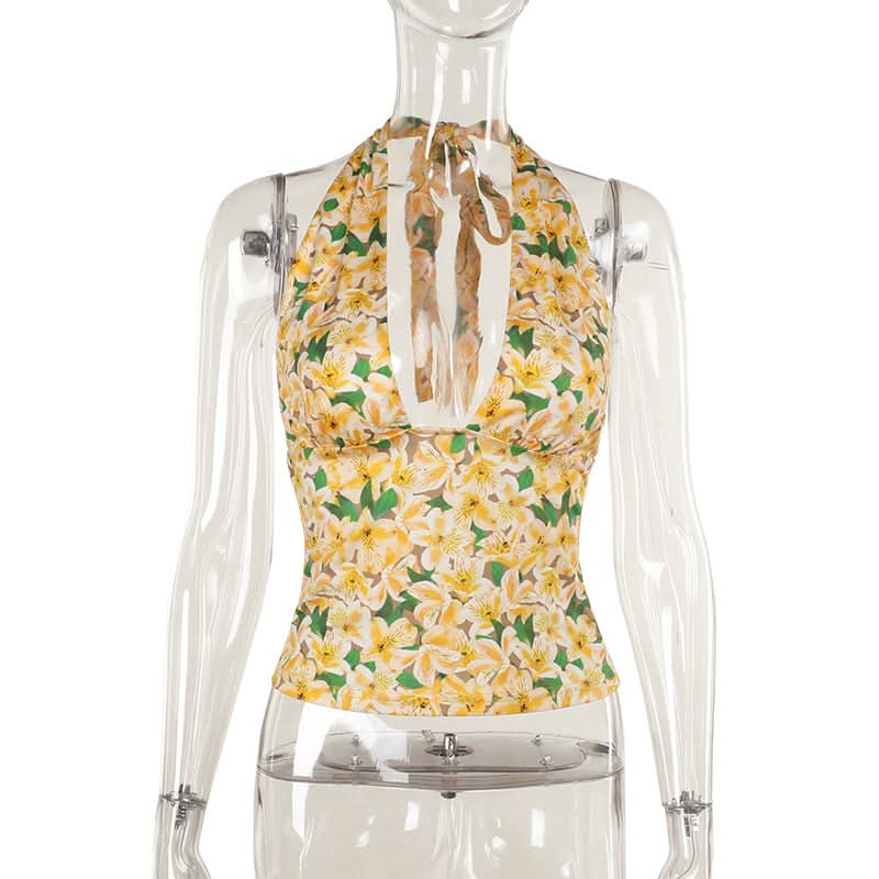 Halter self tie flower print backless top