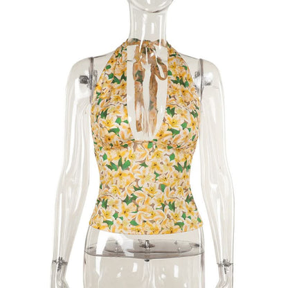 Halter self tie flower print backless top