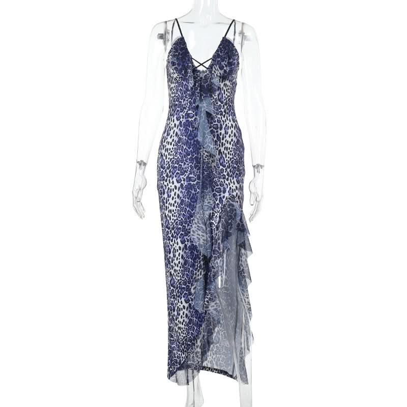 Leopard print hollow out irregular slit cami cut out maxi dress