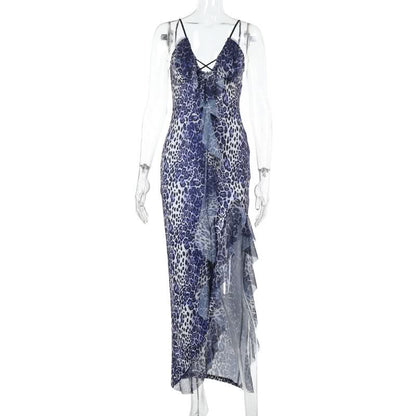 Leopard print hollow out irregular slit cami cut out maxi dress