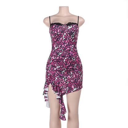 Lace hem print irregular slit ruched cami mini dress