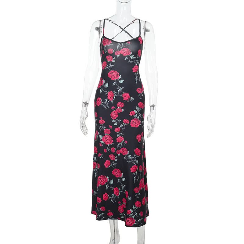 Cross back self tie flower print v neck cami maxi dress