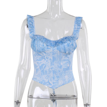 Ruched print corset self tie tank top